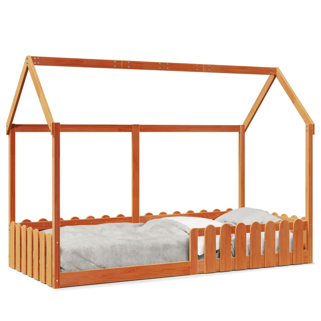 Barneseng med tak voksbrun 90x200 cm heltre furu