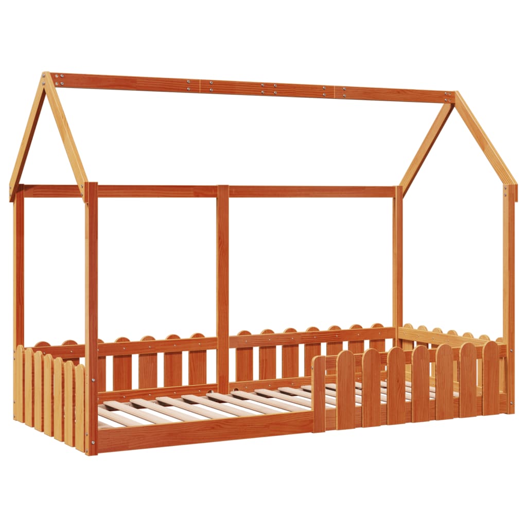 Barneseng med tak voksbrun 90x190 cm heltre furu
