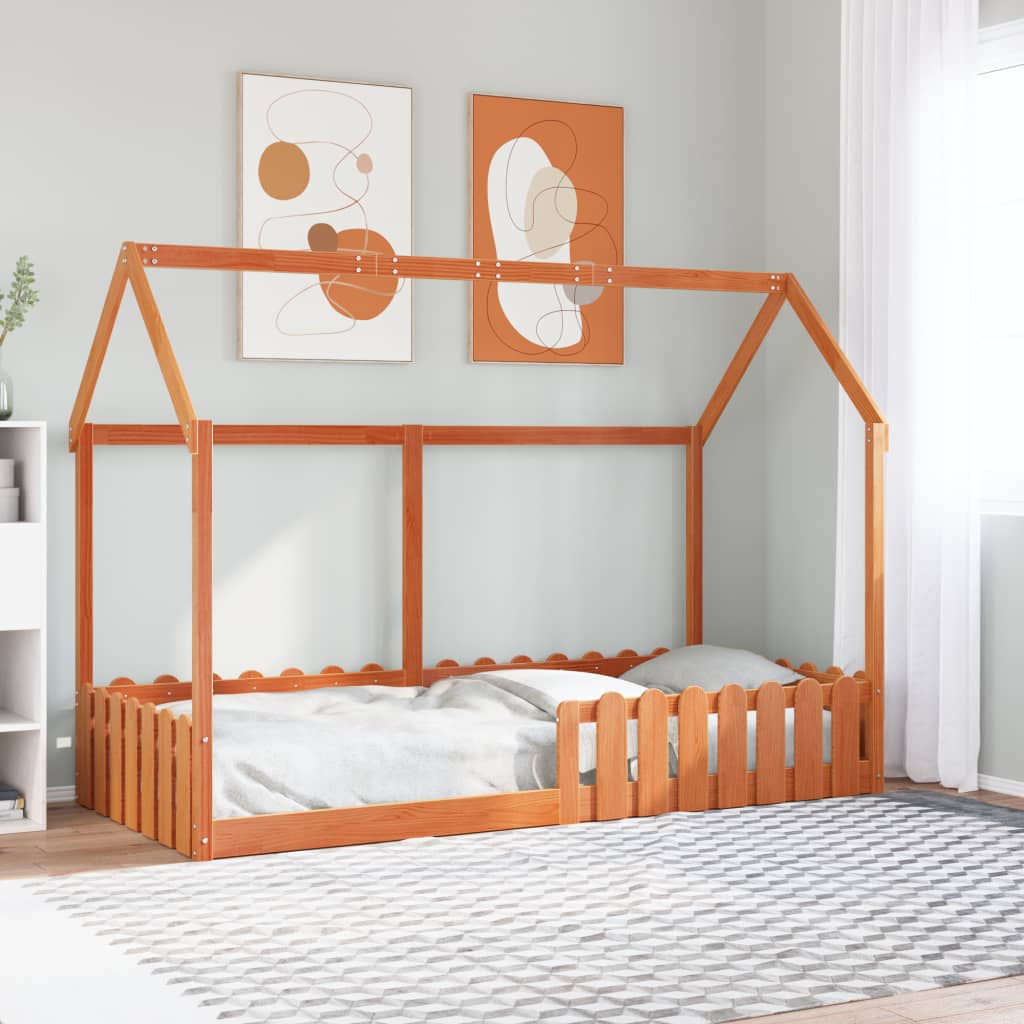 Barneseng med tak voksbrun 90x190 cm heltre furu