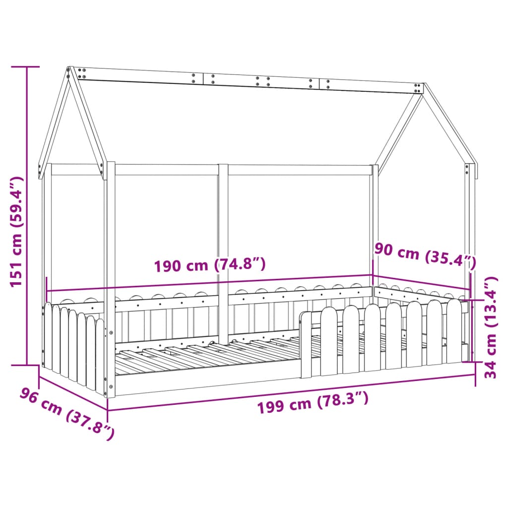Barneseng med tak voksbrun 90x190 cm heltre furu