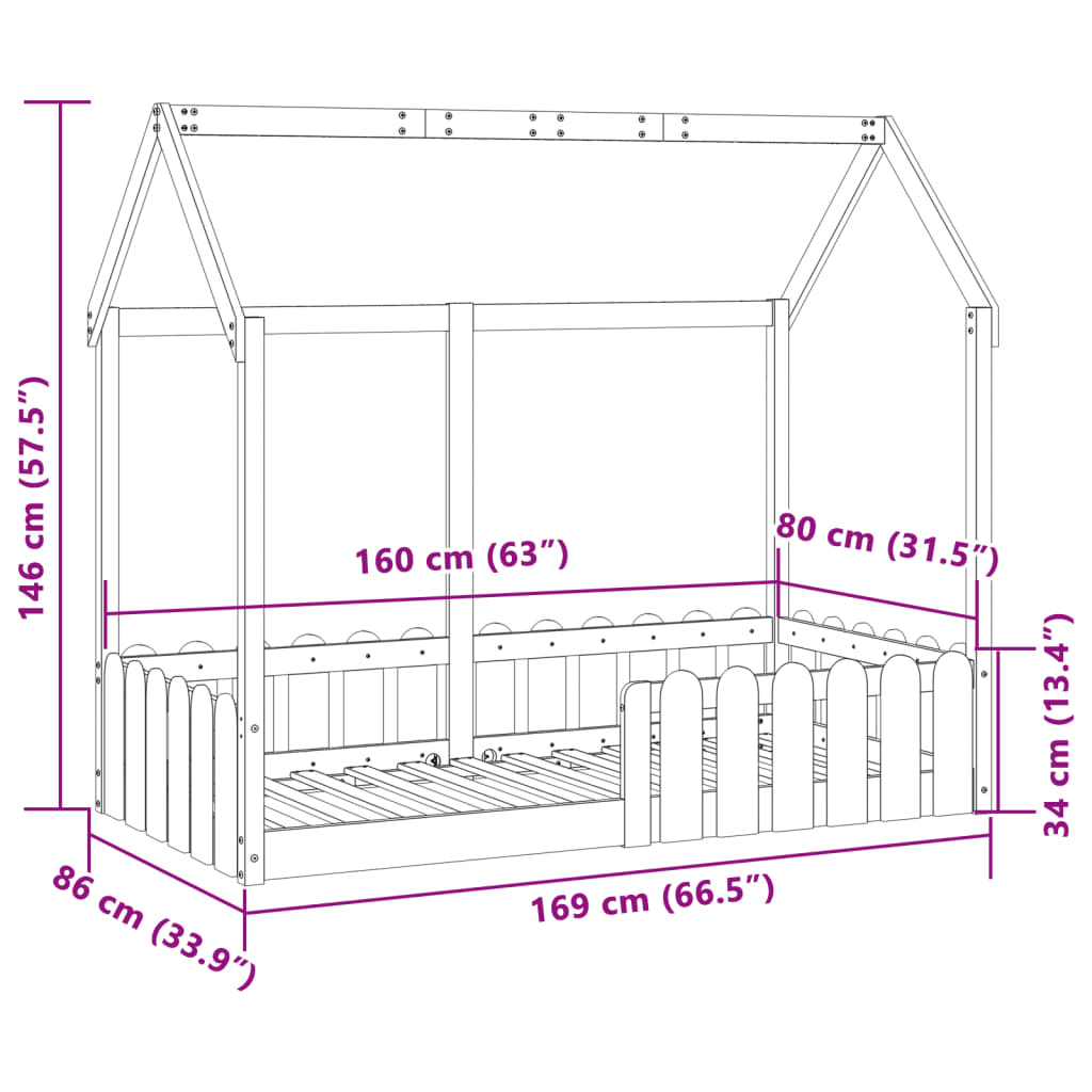 Barneseng med tak voksbrun 80x160 cm heltre furu