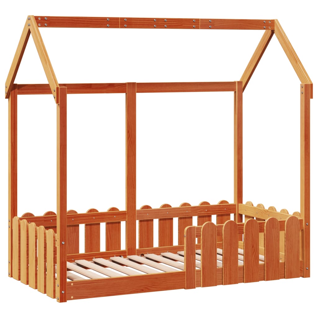 Barneseng med tak voksbrun 70x140 cm heltre furu