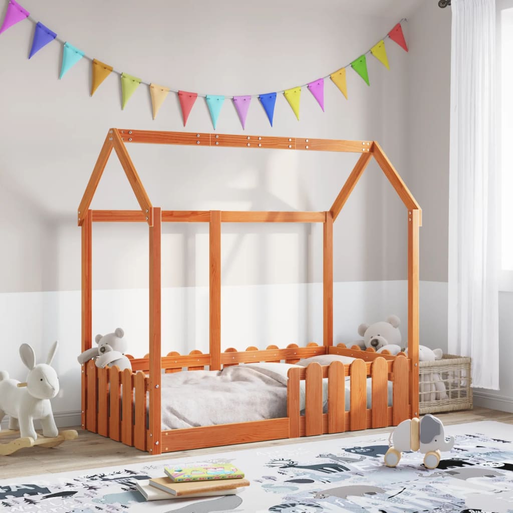 Barneseng med tak voksbrun 70x140 cm heltre furu