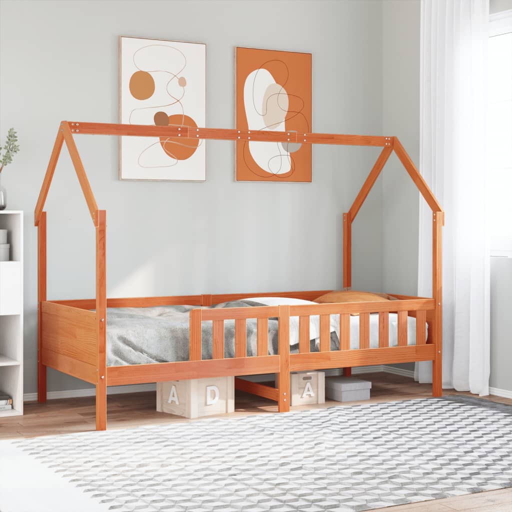 Barneseng med tak voksbrun 90x200 cm heltre furu