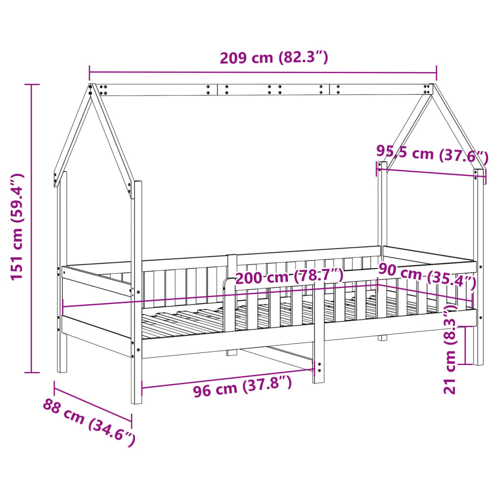 Barneseng med tak voksbrun 90x200 cm heltre furu