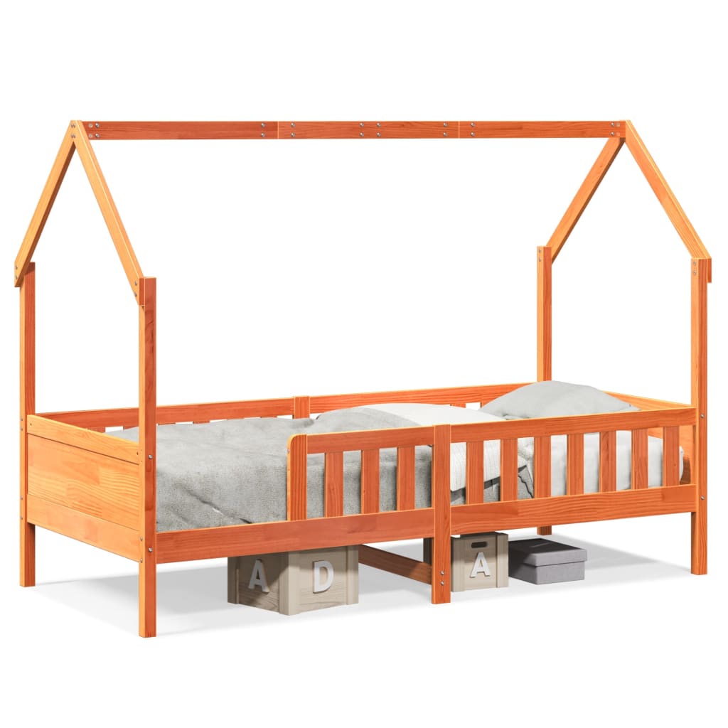 Barneseng med tak voksbrun 90x200 cm heltre furu