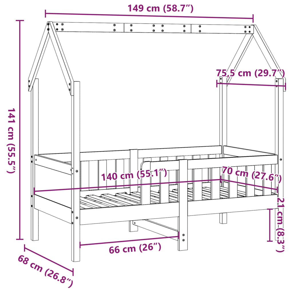Barnesengeramme hvit 70x140 cm heltre furu