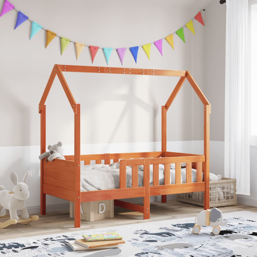Barneseng med tak voksbrun 70x140 cm heltre furu