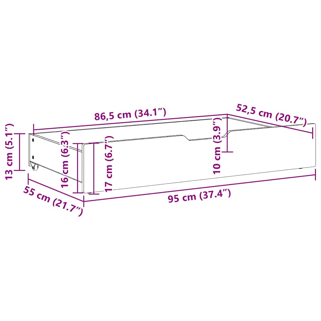 Sengeskuffer 2 stk hvit 95x55x17 cm heltre furu