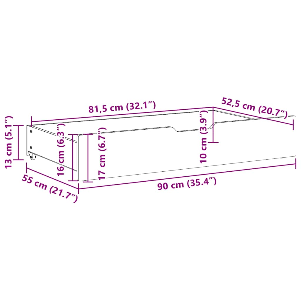 Sengeskuffer med hjul 2 stk 90x55x17 cm heltre furu