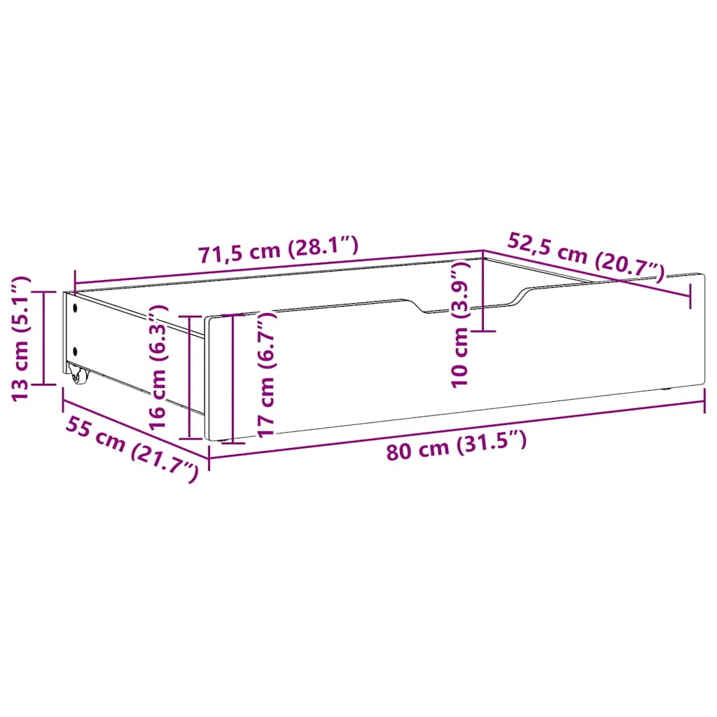Sengeskuffer med hjul 2 stk 80x55x17 cm heltre furu