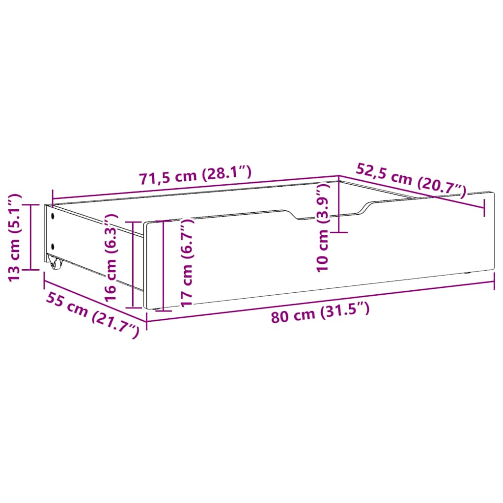 Sengeskuffer 2 stk hvit 80x55x17 cm heltre furu