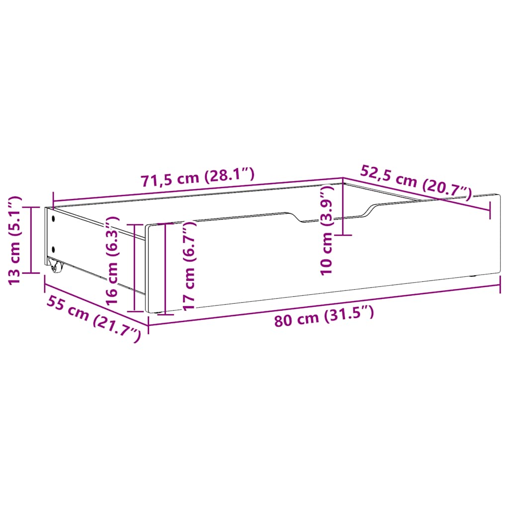 Sengeskuffer 2 stk voksbrun 80x55x17 cm heltre furu