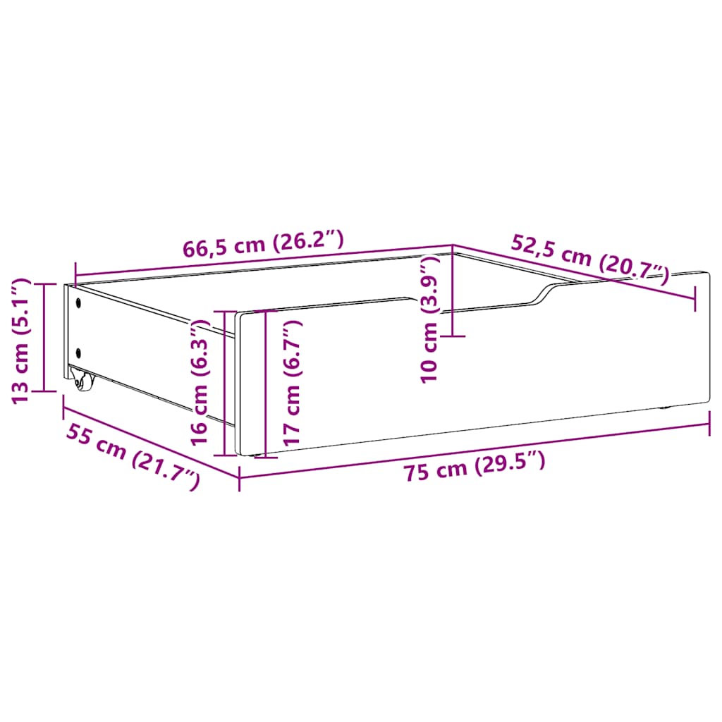 Sengeskuffer med hjul 2 stk hvit 75x55x17 cm heltre furu