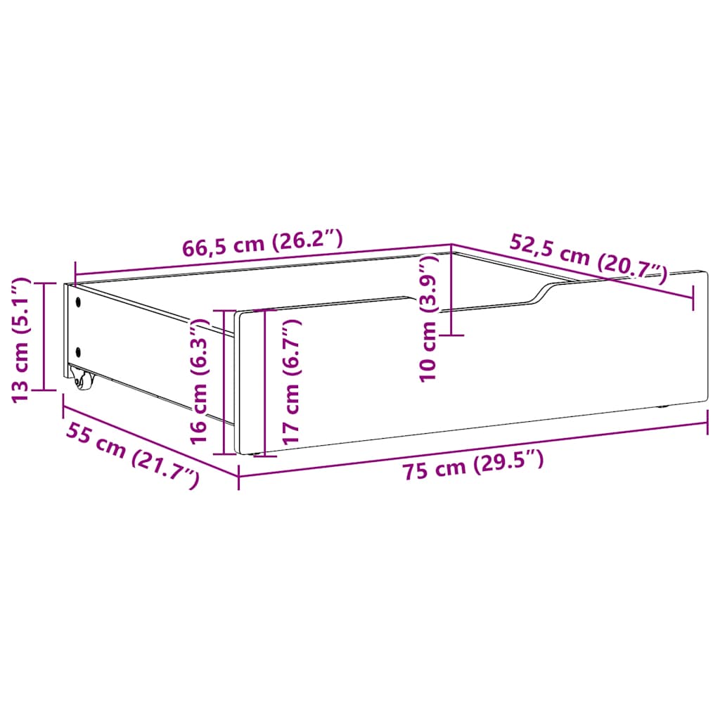 Sengeskuffer 2 stk voksbrun 75x55x17 cm heltre furu