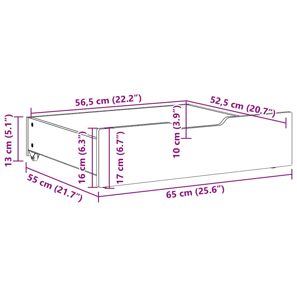 Sengeskuffer 2 stk hvit 65x55x17 cm heltre furu