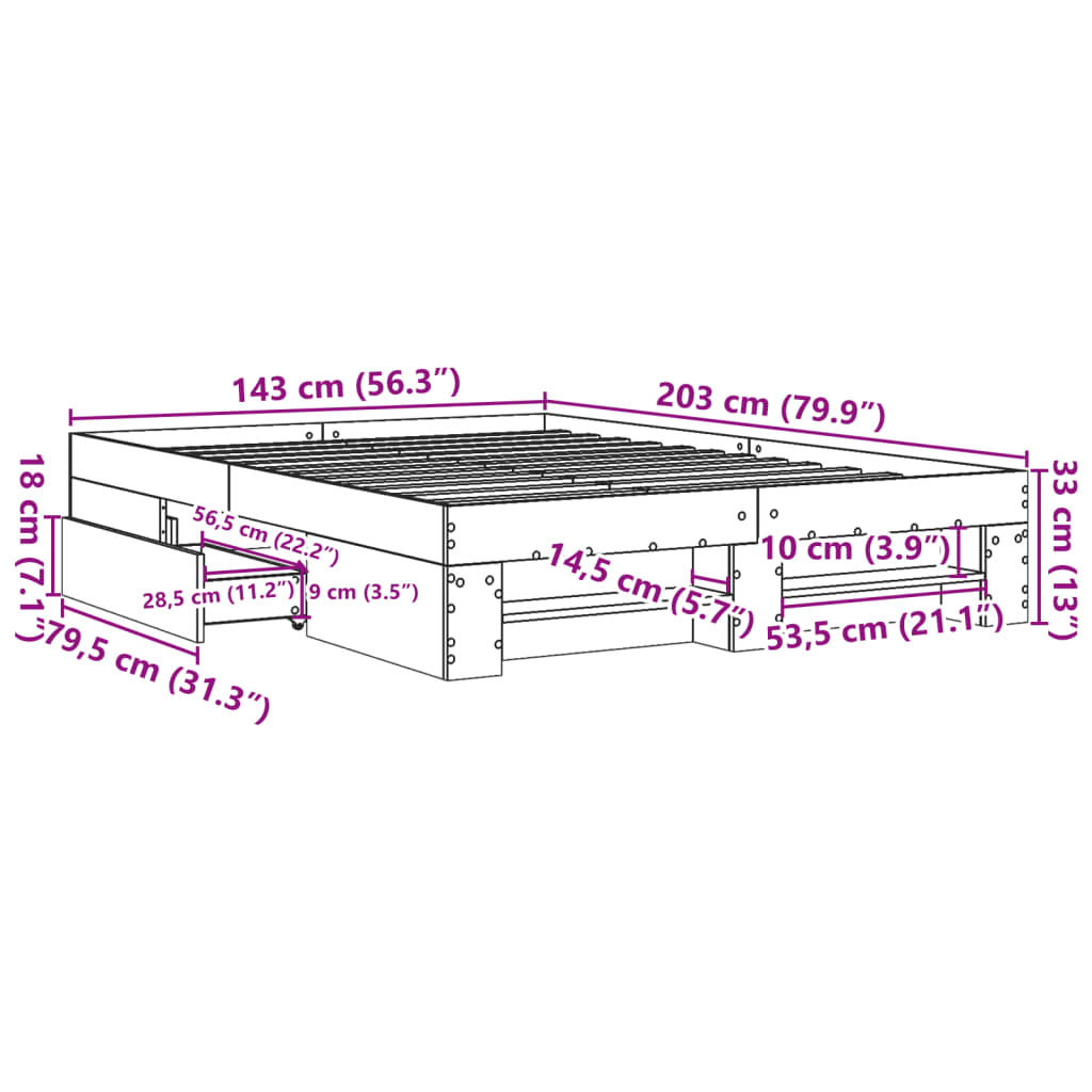 Sengeramme uten madrass sonoma eik 140x200 cm konstruert tre