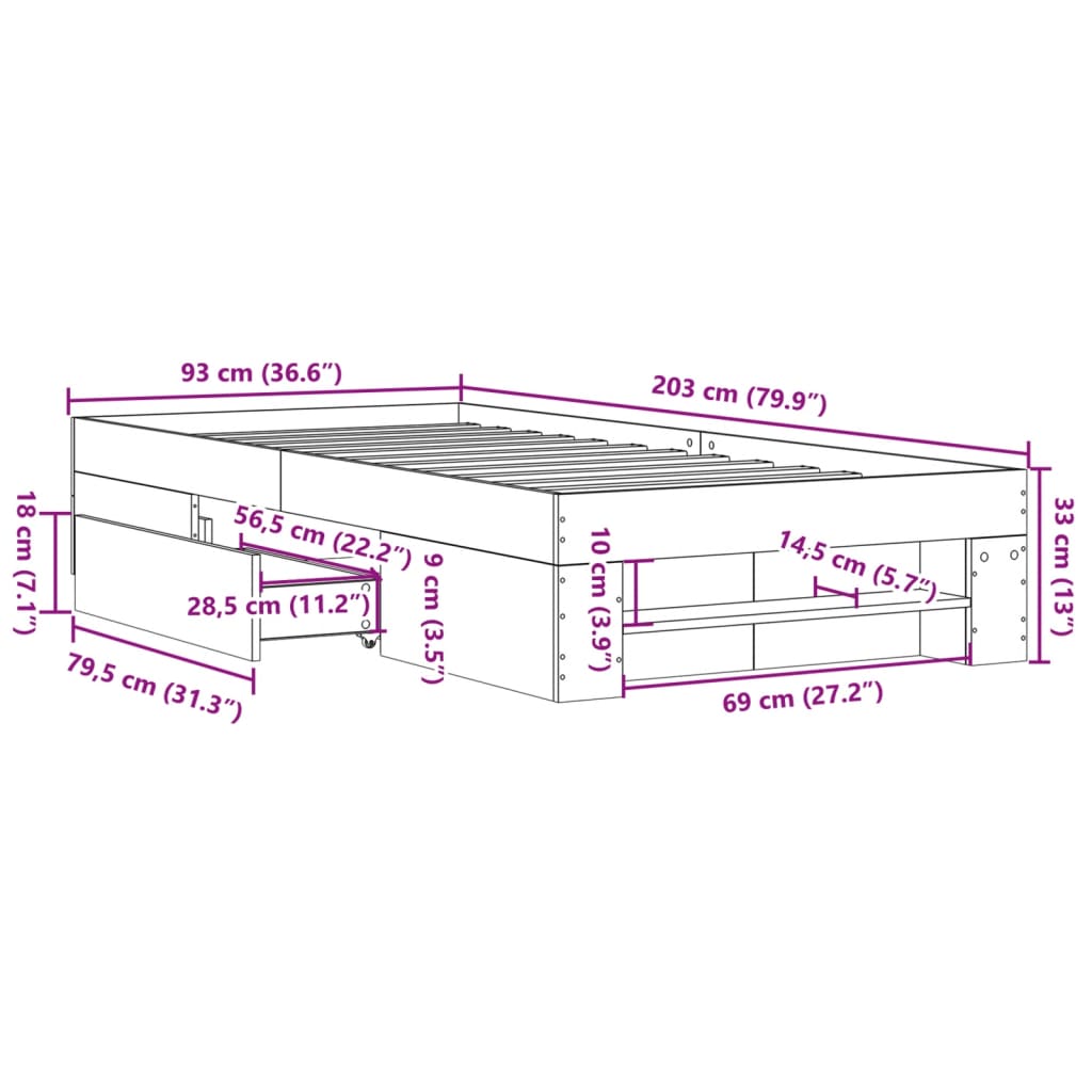 Sengeramme uten madrass sonoma eik 90x200 cm konstruert tre