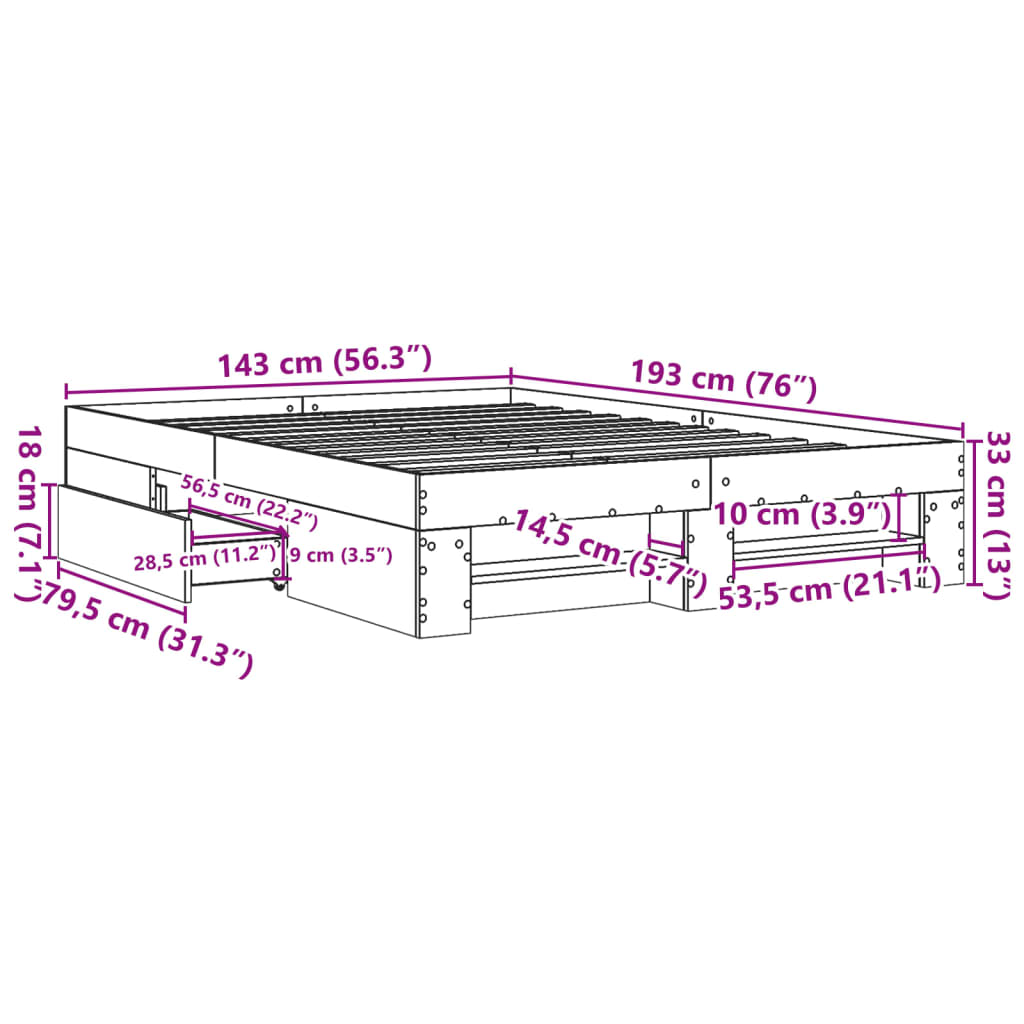 Sengeramme uten madrass sonoma eik 140x190 cm konstruert tre