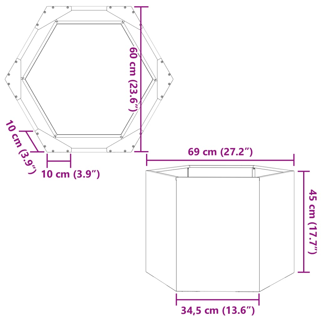 Plantekasse svart sekskantet 69x60x45 cm stål