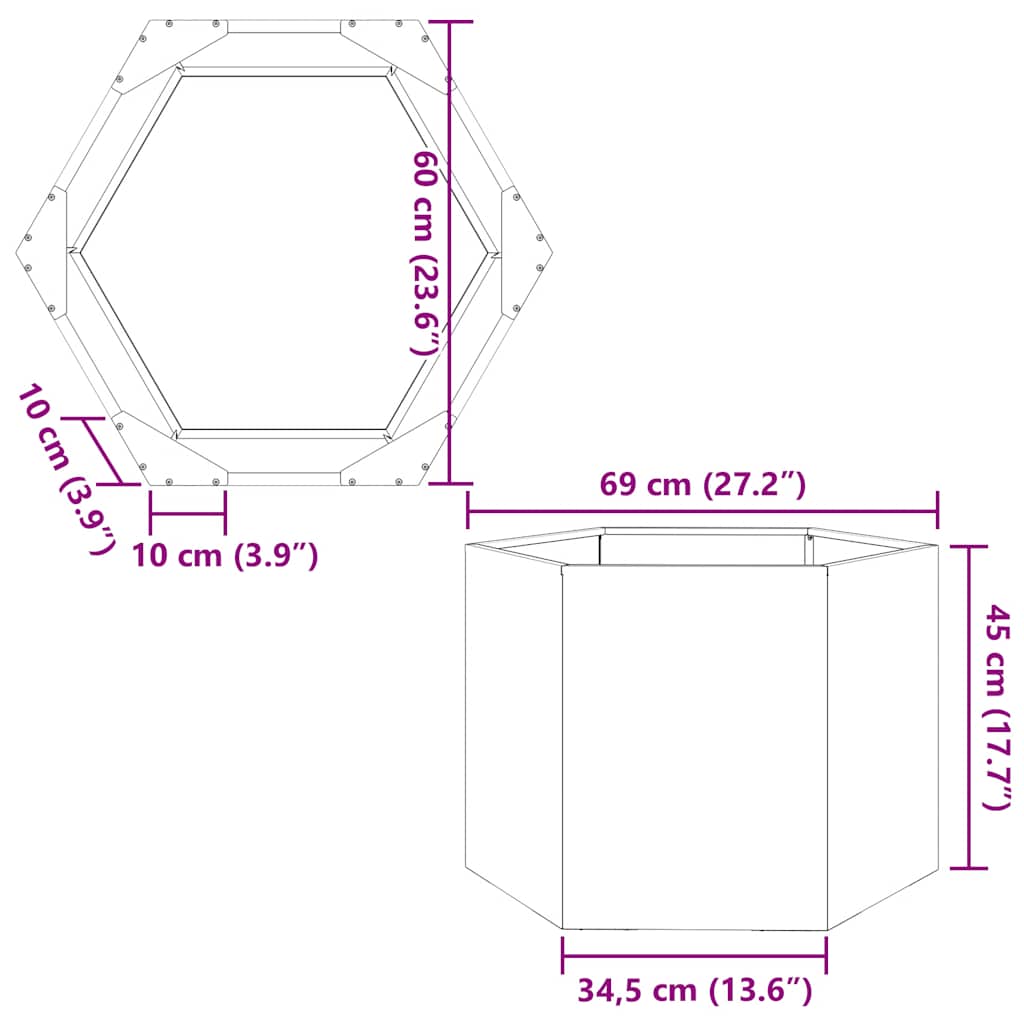Plantekasse sekskantet 69x60x45 cm rustfritt stål