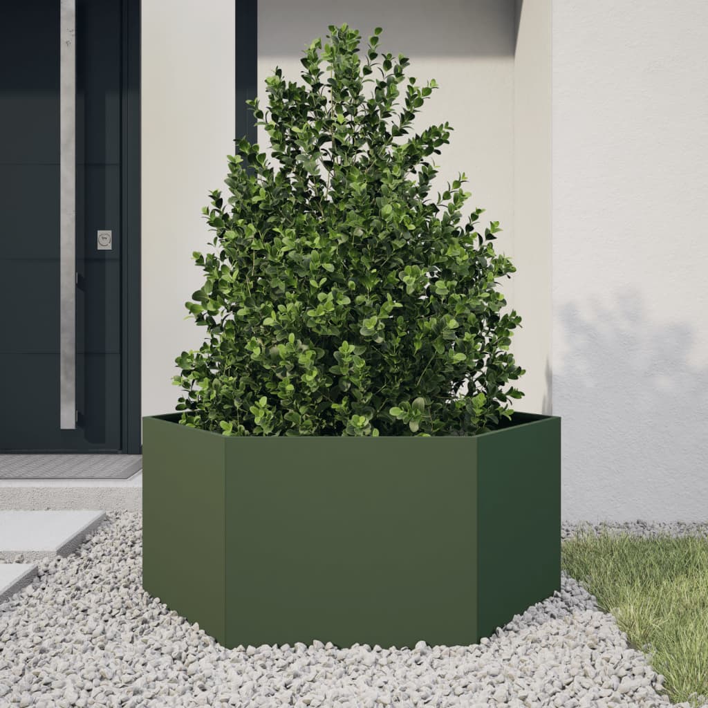 Plantekasse olivengrønn sekskantet 104x90x45 cm stål