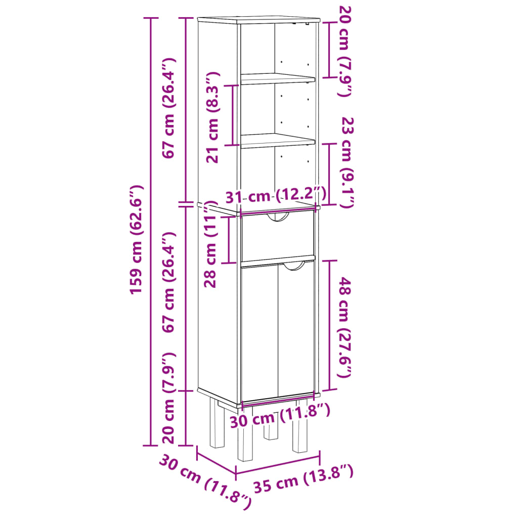 Baderomsskap OTTA 35x30x159 cm heltre furu