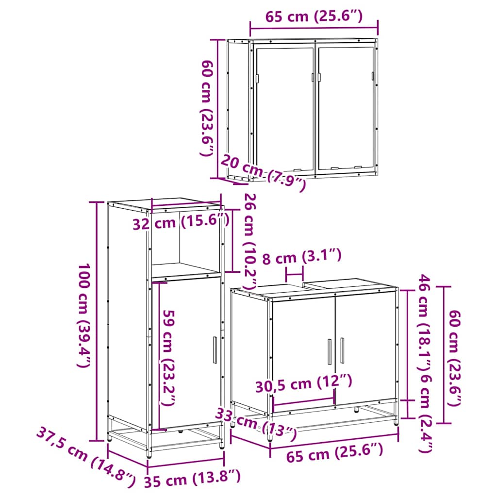 Baderomsskapsett 3 deler sonoma eik konstruert tre