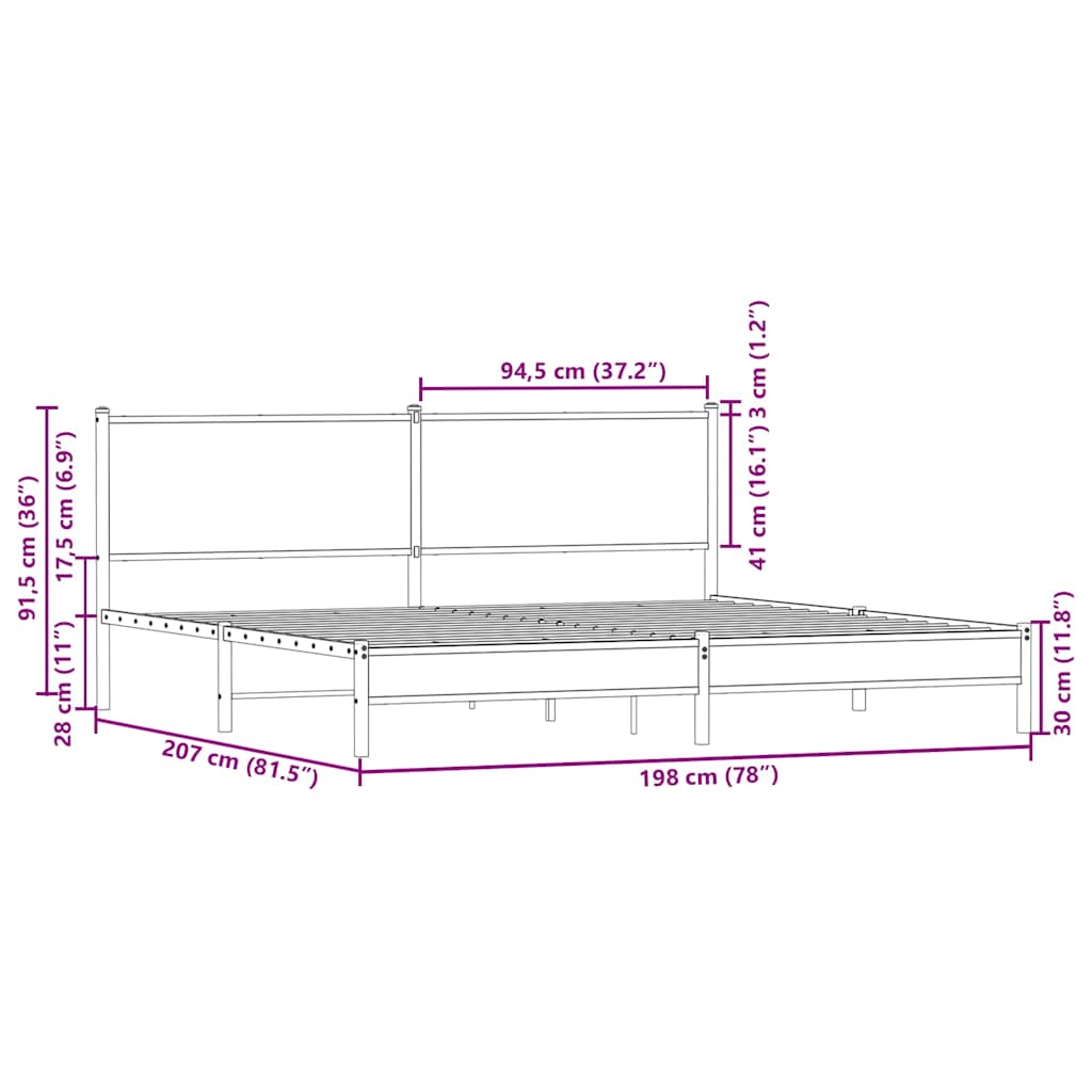 Sengeramme i metall uten madrass brun eik 193x203 cm