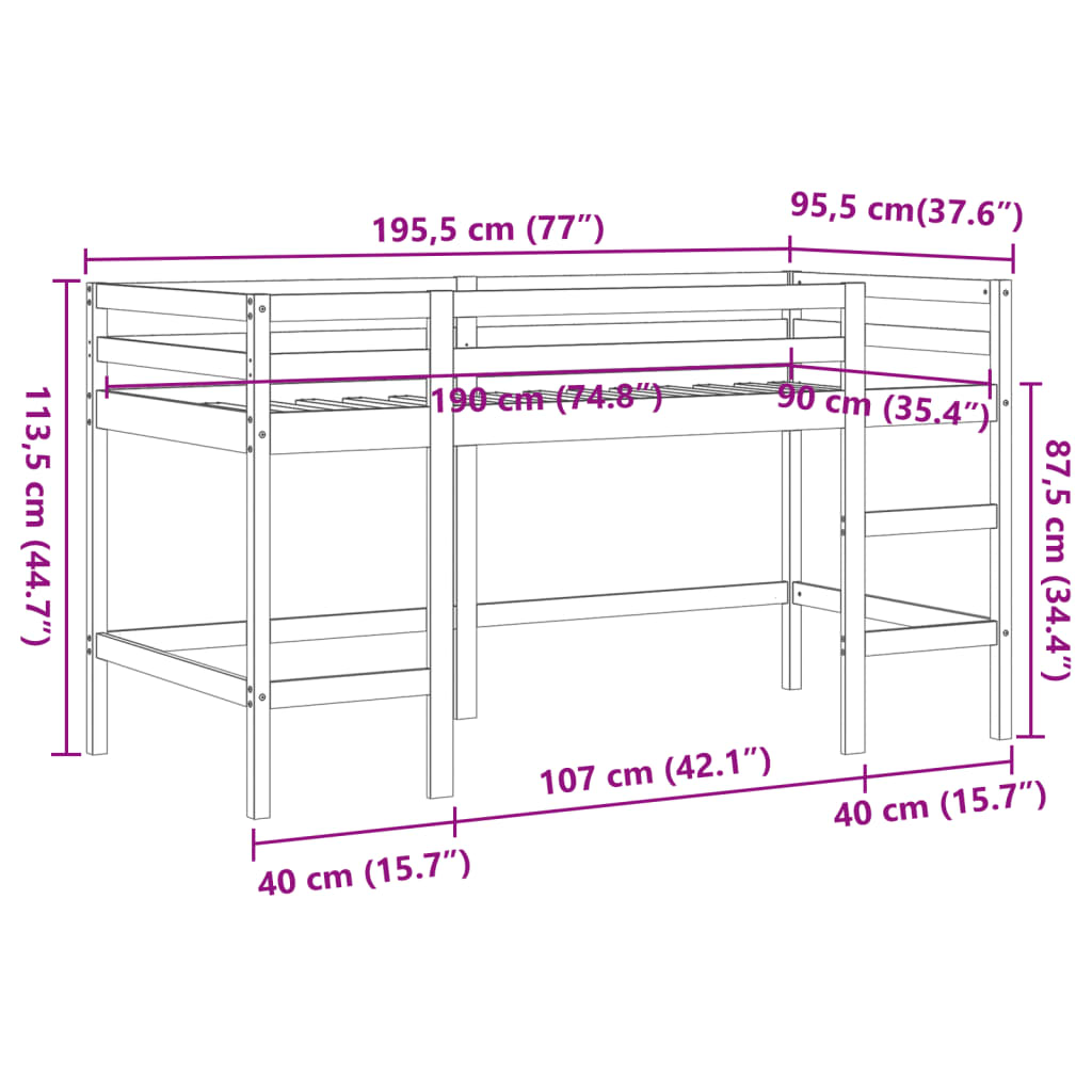 Køyeseng for barn med stige voksbrun 90x190 cm heltre furu