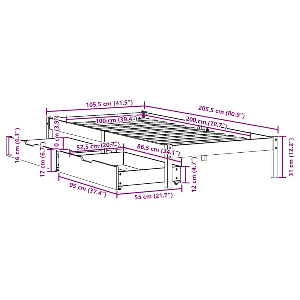 Sengeramme uten madrass 100x200 cm heltre furu