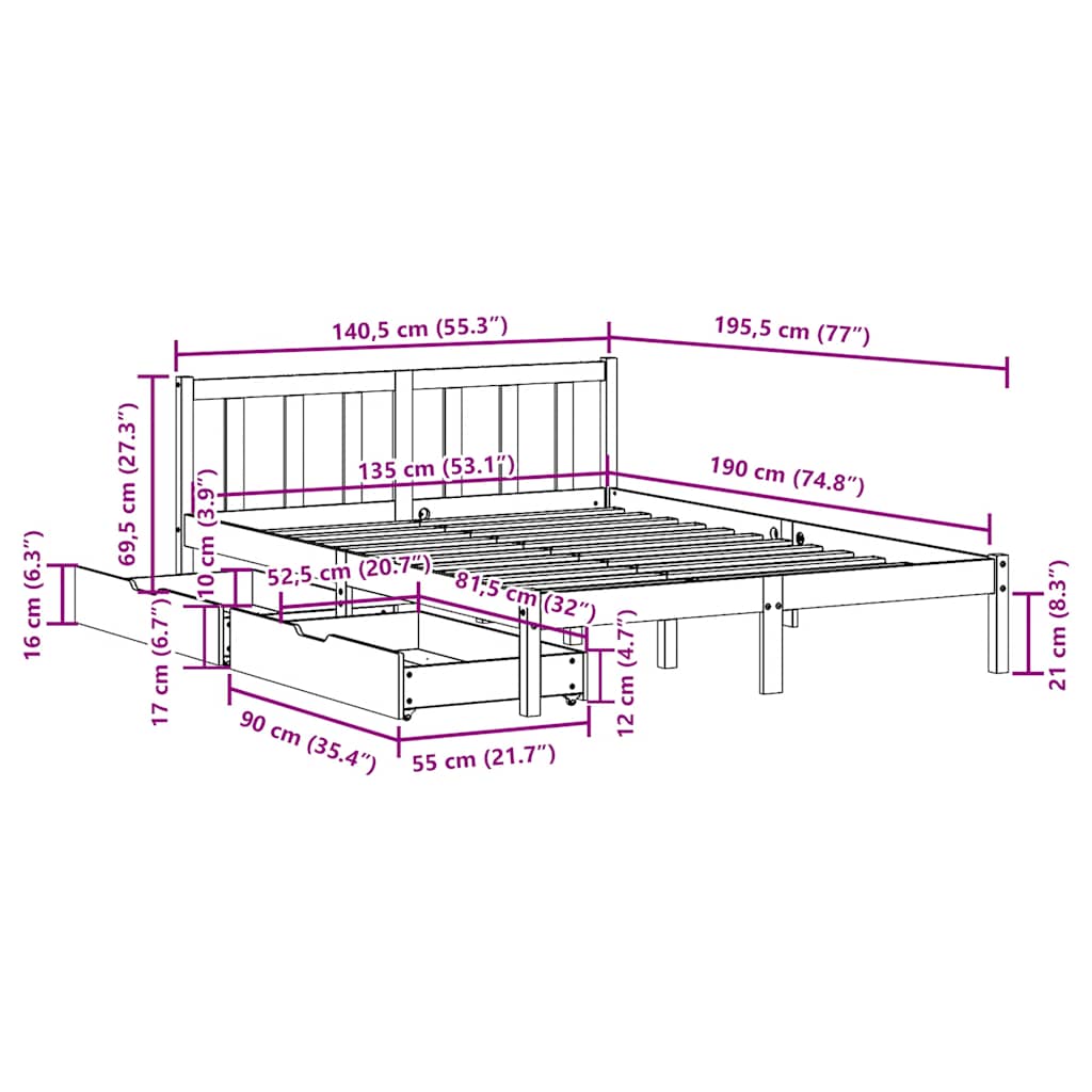 Sengeramme uten madrass hvit 135x190 cm heltre furu