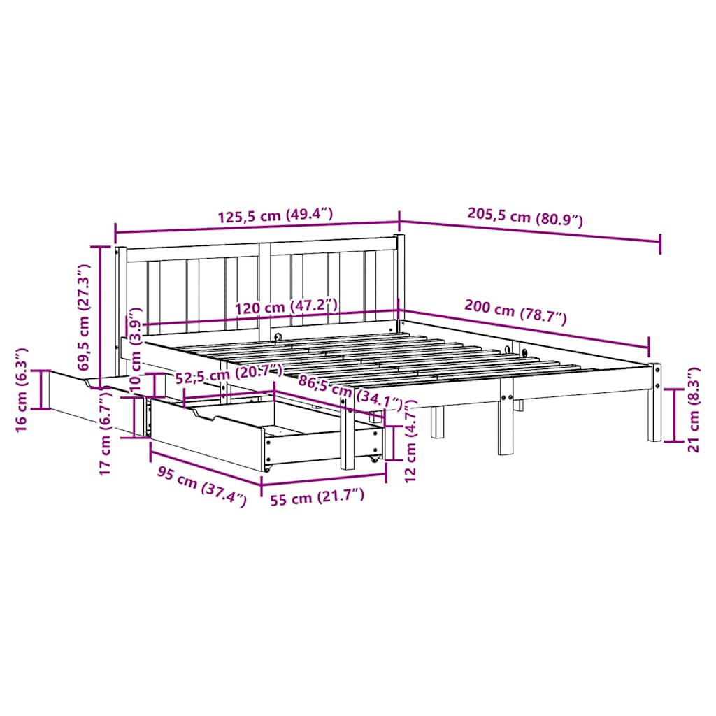 Sengeramme uten madrass hvit 120x200 cm heltre furu