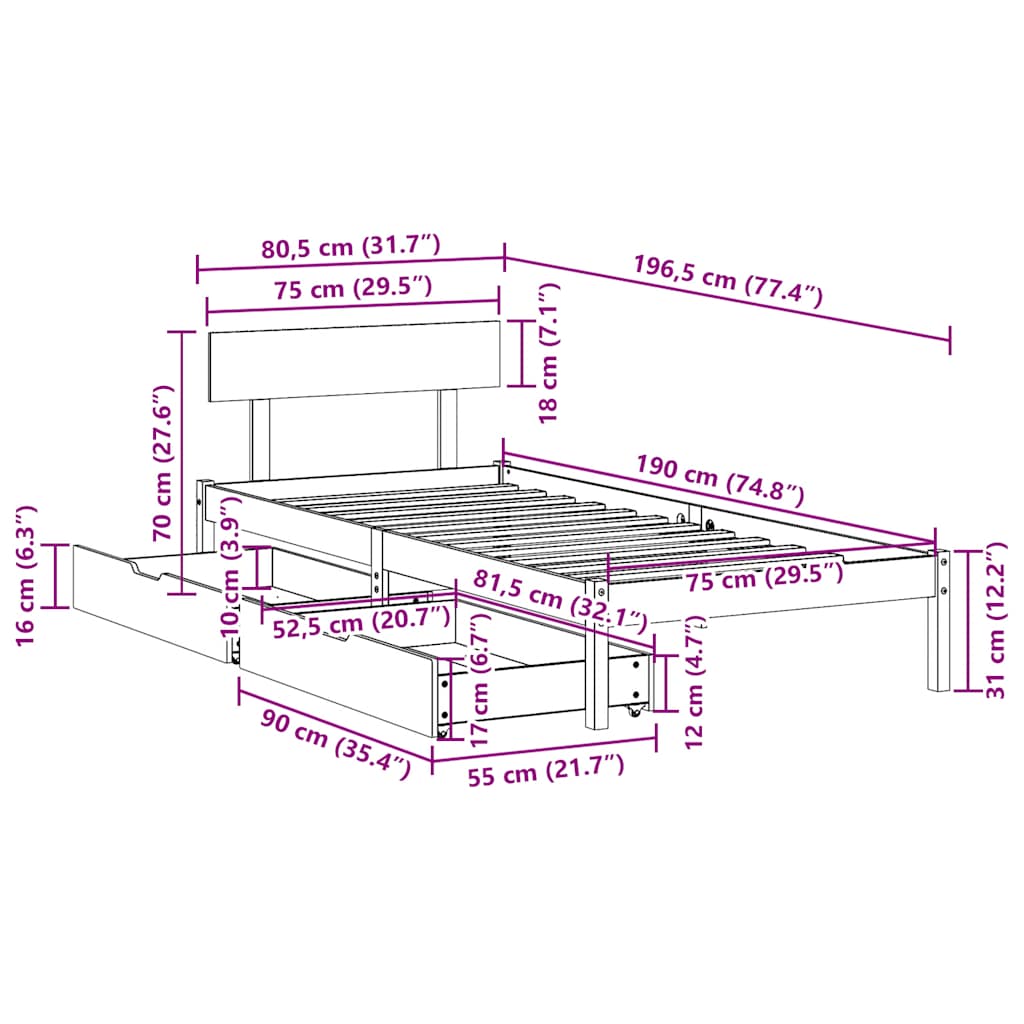 Sengeramme uten madrass hvit 75x190 cm heltre furu