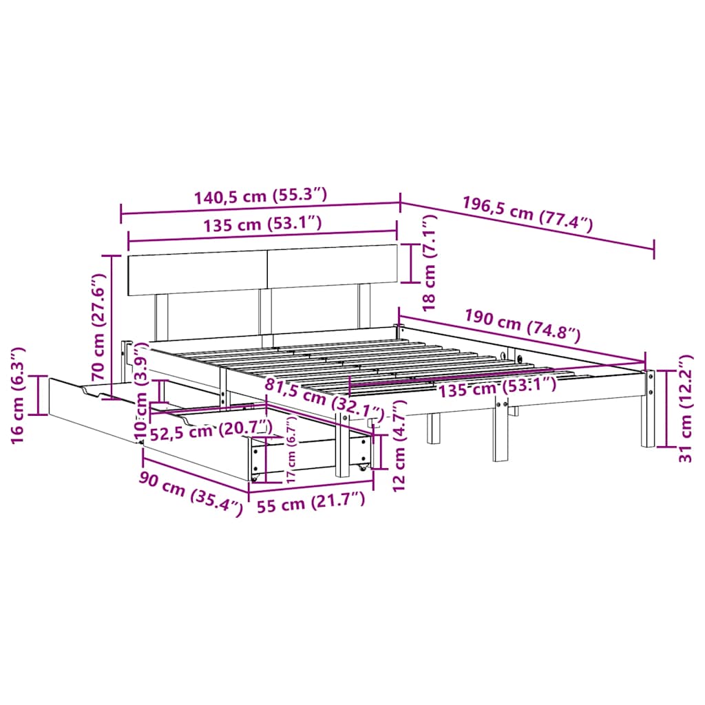 Sengeramme uten madrass hvit 135x190 cm heltre furu