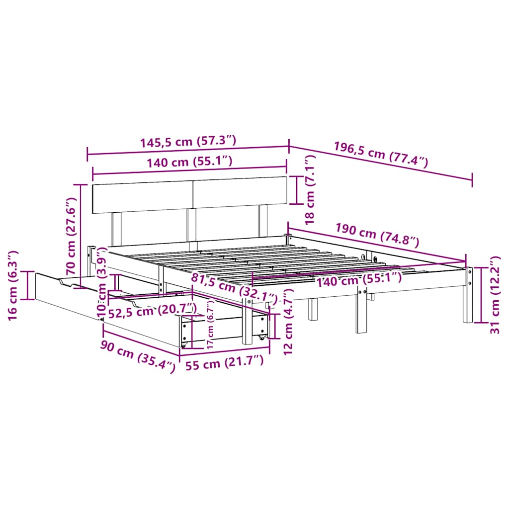Sengeramme uten madrass 140x190 cm heltre furu