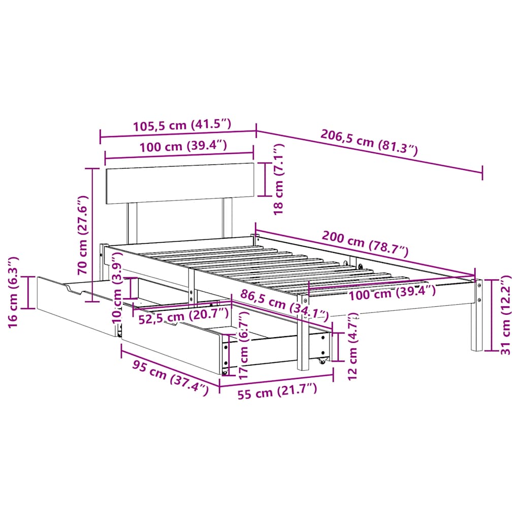 Sengeramme uten madrass hvit 100x200 cm heltre furu