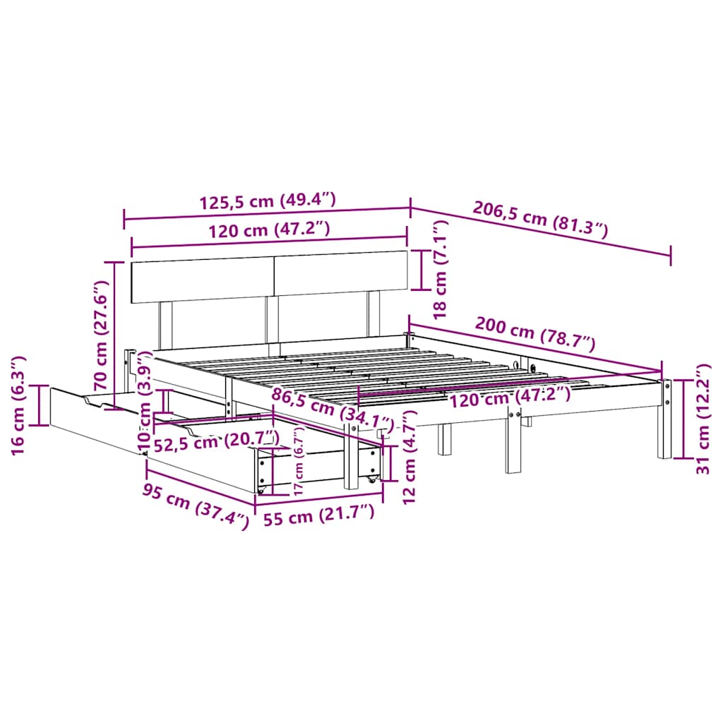 Sengeramme uten madrass hvit 120x200 cm heltre furu