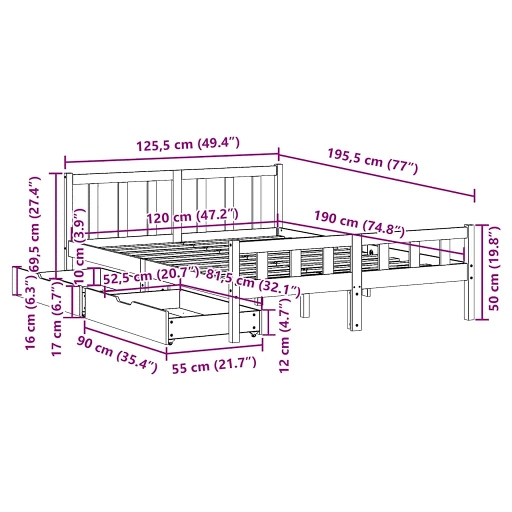Sengeramme uten madrass 120x190 cm heltre furu