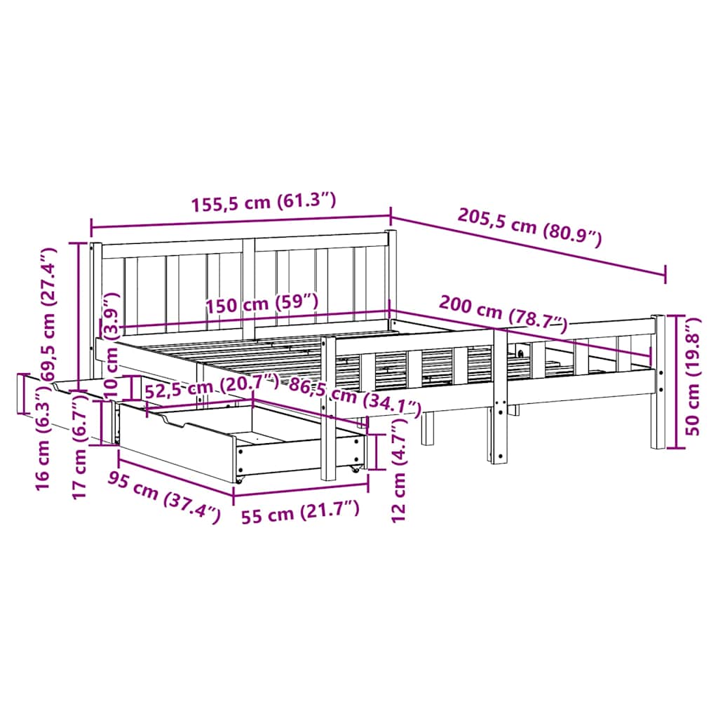 Sengeramme uten madrass hvit 150x200 cm heltre furu