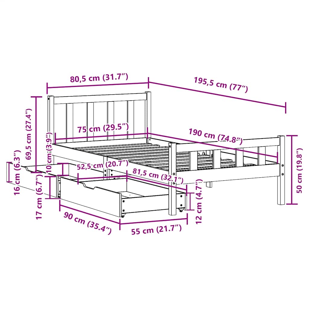 Sengeramme uten madrass voksbrun 75x190 cm heltre furu