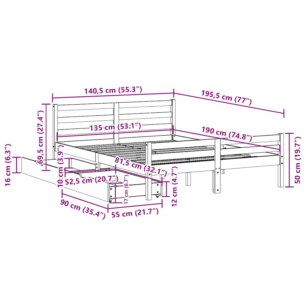 Sengeramme uten madrass hvit 135x190 cm heltre furu