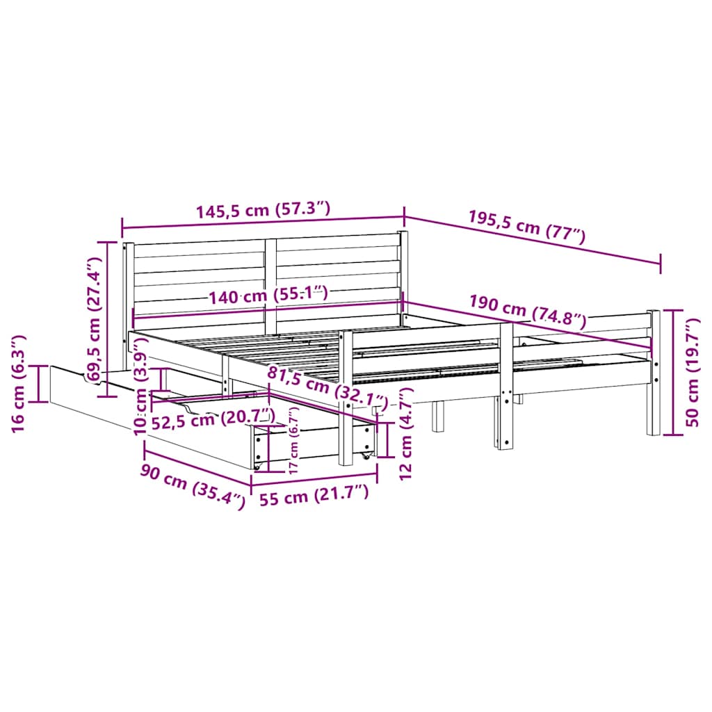Sengeramme uten madrass 140x190 cm heltre furu