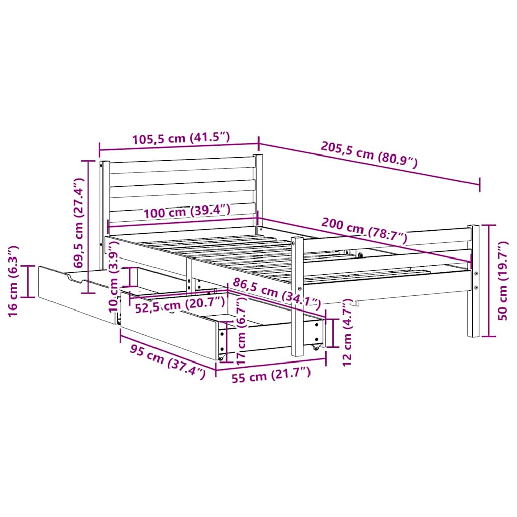 Sengeramme uten madrass hvit 100x200 cm heltre furu