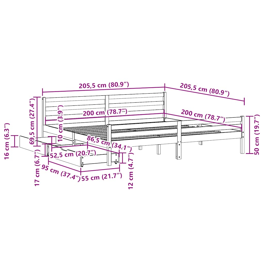 Sengeramme med madrass hvit 200x200 cm heltre furu