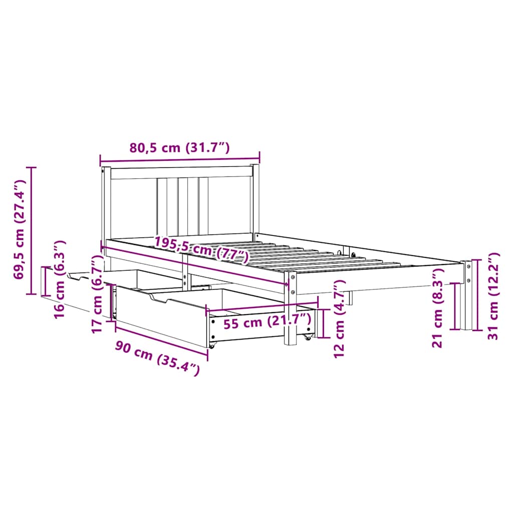 Sengeramme uten madrass 75x190 cm heltre furu
