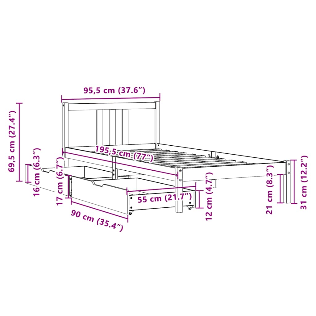 Sengeramme uten madrass 90x190 cm heltre furu