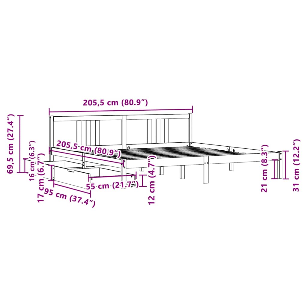 Sengeramme med madrass 200x200 cm heltre furu