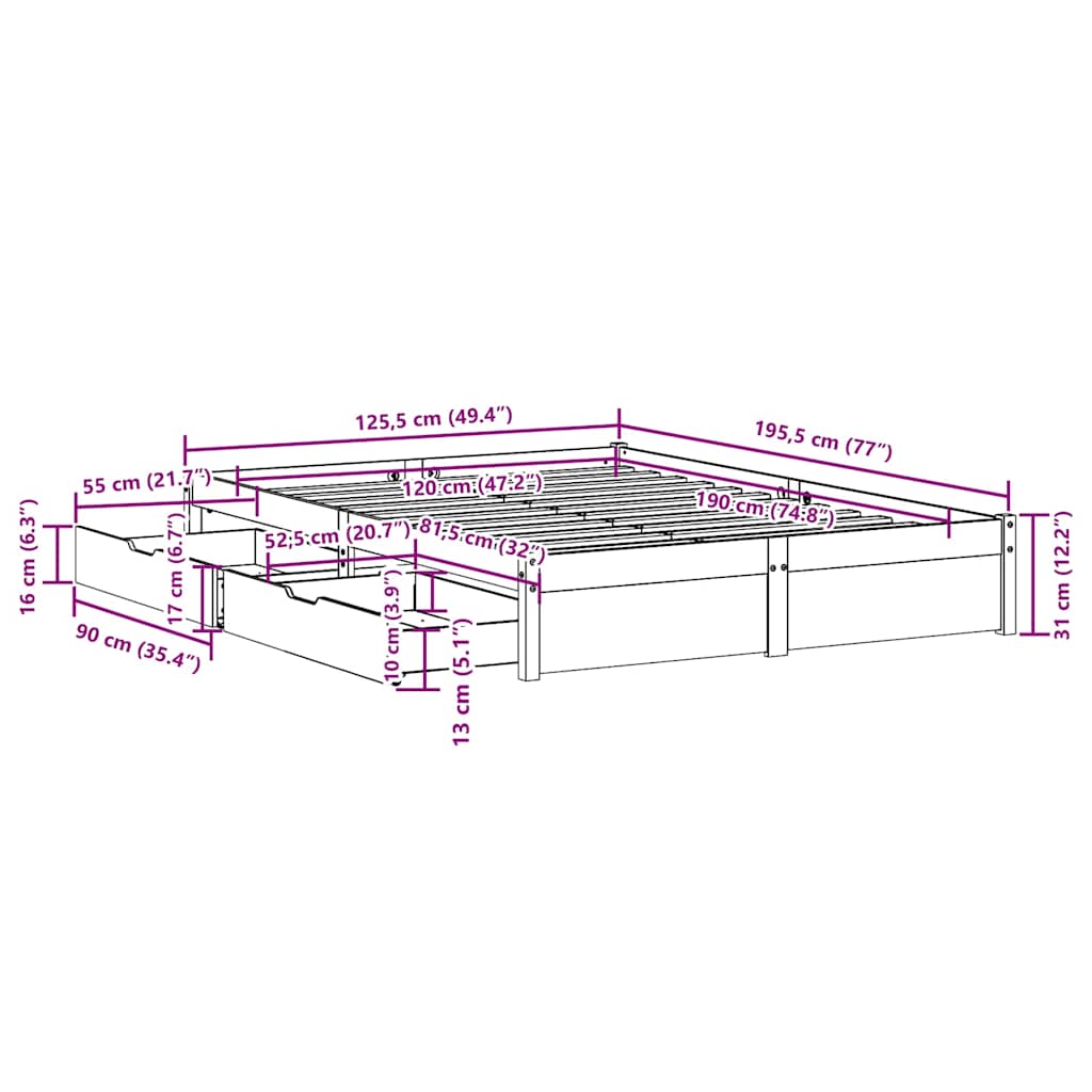 Sengeramme uten madrass 120x190 cm heltre furu