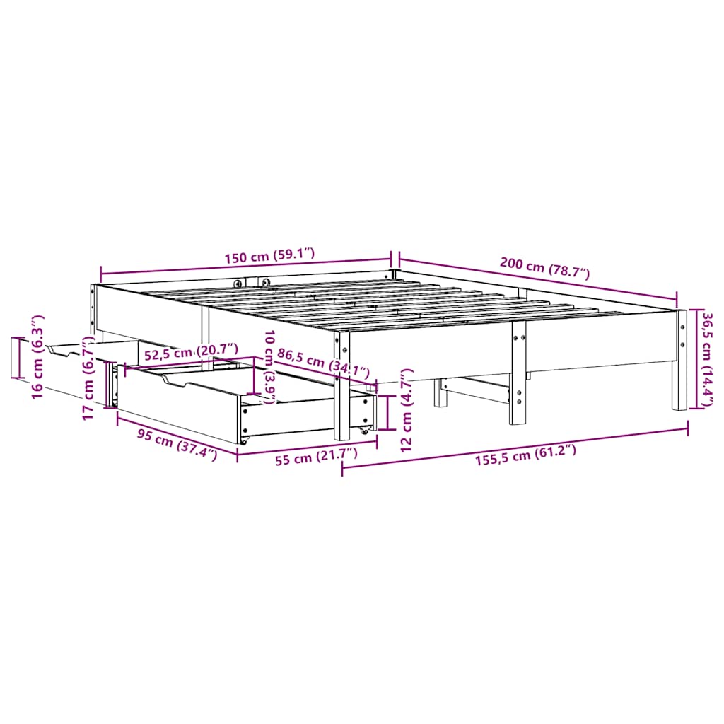 Sengeramme uten madrass hvit 150x200 cm heltre furu